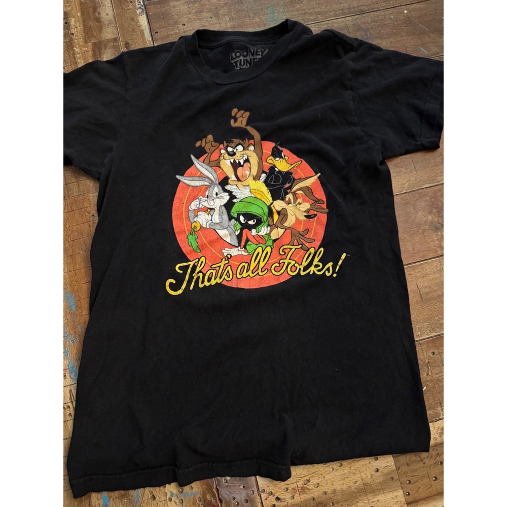 Looney Tunes Thats All Folks Kids Graphic T-Shirt Black Small Bugs Bunny Taz